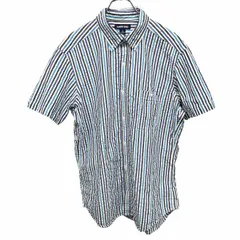 【中古】[印象AB] LANDS END ランズエンド クレープシャツ メンズ L ブルー 青×白×黒 綿100% ストライプ ボタンダウン 半袖 胸ポケット ショートスリーブのサムネイル