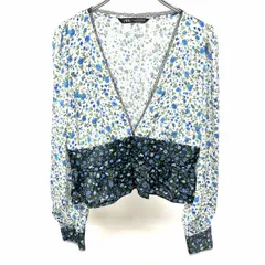 古着 ザラ ZARA プルオーバーシフォントップス Vネック レーススカラップ 花柄 後ろシャーリング 長袖 ポリ100% M 白×青×緑×黒 レディース
