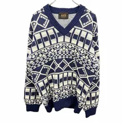 古着 JOSER 総柄ニット セーター Vネック 長袖 プルオーバー ロングスリーブ アクリル×ナイロン ブルー 青×グレー×オフホワイト メンズ