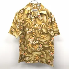 【中古】[印象A] GLEE CLUB オープンカラーシャツ メンズ M イエローブラウン系 茶系 アセテート100% 胸ポケット付き フレンチフロント アロハ柄 ヤシ 半袖 ボックスカットのサムネイル