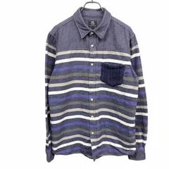 古着 ビームスハート 微起毛 シャツ ボーダー 長袖 ケーブルニットポケット 綿100% L ヘザーネイビー 杢紺×白×グレーベージュ系 メンズ