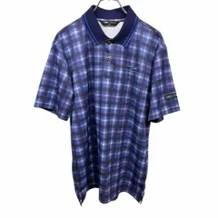 古着 ティゴラ TIGORA ゴルフ ポロシャツ チェック 半袖 ロゴ刺繍 ポケット無し 裾の両側にスリット ポリ100% L ブルー 青×紺×白 メンズ