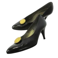 イヴサンローラン YVES SAINT LAURENT パンプス ハイヒール ポインテッドトゥ レザー 革 メタルパーツ ロゴ刻印 ワンポイント 36.5 23.5cm 黒 ブラック /CK11 ■GY40