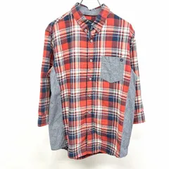 古着 BEAMS HEART シャツ チェック×ヘリンボーン 若干クレープ感 ボタンダウン 7分袖 M オレンジブラウン系×ネイビー×オフホワイト メンズ