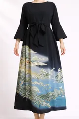 一点物 着物リメイク ワンピース ドレス 黒留袖 正絹 落款 作家物 風景文