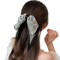 【新品】 IArkPower シルク リボン ヘアクリップ 大きめ バンスクリップ レディース 髪留め ブラウン×ホワイト 韓国風 おしゃれ ヘアアクセサリー クラシック花柄 通勤通学 結婚式 入学式 卒業式 誕生日会 0