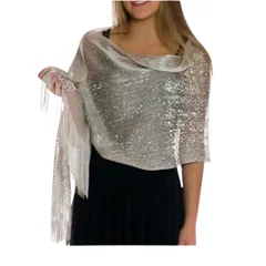 【新品】 [yuaseiharu] レディース ラメショールラメストール バックルリング付き 無地 フリンジ タッセル 軽量 ロング スカーフ 上品 ストール イブニングドレス用 結婚式 二次会 パーティー ウェディング着物和服にも (シルバー) 0