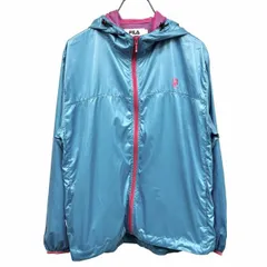 【中古】[印象AB] FILA フィラ ジャケット / パーカー レディース L ブルー 青×ピンク ポリ100% ロゴプリント ハイネック フルジップ フードと裾に調節ゴム 後ろが丸裾 ウエストの両側にポケットあり 内ポケット×１ 薄手 とても薄い 長袖のサムネイル