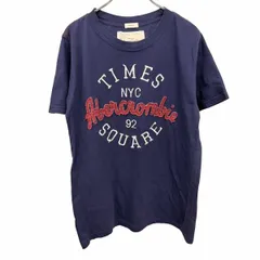 古着 アバクロンビーアンドフィッチ Abercrombie＆Fitch Tシャツ ロゴ 刺繍 半袖 丸首 カットソー 綿100% M ネイビー 紺×赤×白 メンズ