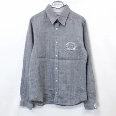 【中古】[印象AB] GOTCHA ガッチャ シャツ メンズ M ヘザーネイビー 杢紺 麻100% リネン ロゴ刺繍 襟とカフスにボーダー柄裏地 長袖 胸ポケットのサムネイル