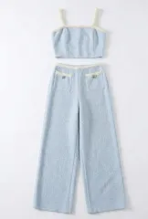 (ほぼ新品) パステルブルー ツイード セットアップ (ビスチェ トップス + ハイウエスト