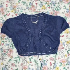 日本ヴィンテージ) ネイビー ニット編み スパンコール はぐみ 森ガール すずこ クロップド ショート ボレロ
