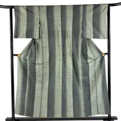 【美品】 紬 身丈154cm 裄丈62cm S 袷 縦縞 緑 正絹 優品 【中古】のサムネイル