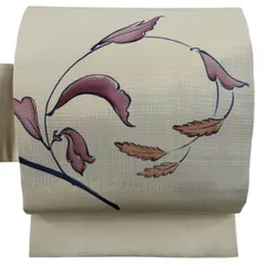 名古屋帯 優品 葉柄 幾何学模様 ベージュ 正絹 【中古】