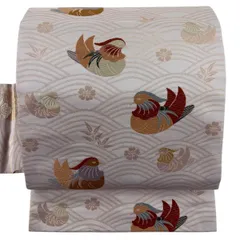 名古屋帯 優品 鴛鴦 波 唐織 箔 ピンクベージュ 正絹 【中古】