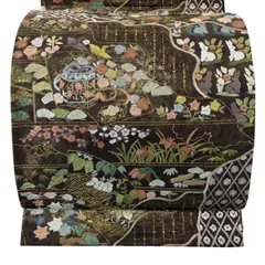 【美品】 袋帯 逸品 扇面 花鳥 刺繍 金糸 焦茶色 六通 正絹 【中古】