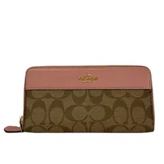 COACH(コーチ) 長財布 シグネチャー柄 F76873 カーキ×ダークブラウン×ピンク レザー