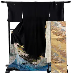 黒留袖 身丈170cm 裄丈69cm L 袷 袋帯フルセット 落款 鶴 松 金糸 金彩 黒 正絹 秀品 【中古】のサムネイル