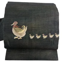 名古屋帯 名品 鴨の親子 金糸 深緑 正絹 【中古】