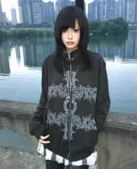 ファッション プリンティング ジップアップ ジャケット カーキ ヴィンテージ ヒップスタイル サブカルチャー