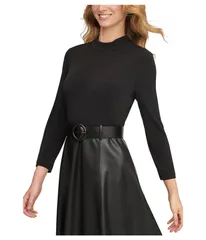 カルバンクライン レディース トップス ワンピース A ライン レザー ジャージー Calvin Klein Matte Jersey Pu Leather Belted Aline Combo BlackBlack ブラック