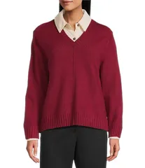 インベストメンツ レディース アウター ニット・セーター セーター Investments Long Sleeve Point Collar Twofer Sweater Rumba Red レッド