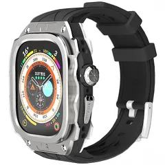 【新品】 高級メタルケース Apple Watch Ultra 1/2 49mmバンド カバー付き 高耐久 頑丈なケース シリコンストラップ 男性用フル保護カバー (Silver) 1