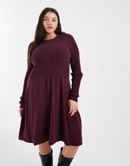 オンリーカーブ レディース トップス ワンピース ニット ONLY Curve cable knit dress Port Royale バーガンディ