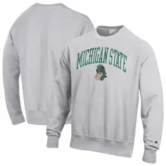 チャンピオン メンズ トップス Tシャツ クルーネック スウェット ロゴ Mens Champion Gray Michigan State Spartans Distressed Arch Over Logo Reverse Weave Crew Neck