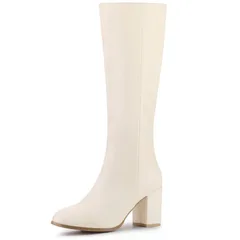 アレグラ ケー レディース シューズ ブーツ・レインブーツ ヒール ALLEGRA K Womens Round Toe Zip Block Heels Knee High Boots Cream White ホワイト