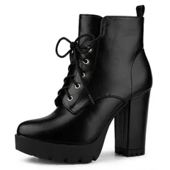アレグラ ケー レディース シューズ ブーツ・レインブーツ プラットフォームブーツ プラットフォーム レース ヒール ALLEGRA K Womens Round Toe Chunky Heelace Uplatform Boots Black ブラック