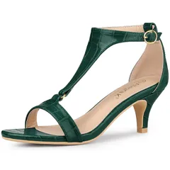 アレグラ ケー レディース シューズ パンプス サンダル ヒール ALLEGRA K Womens t Strap Embossed Kitten Heel Sandals Dark Green グリーン