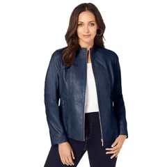 ジェシカロンドン レディース アウター ジャケット・ブルゾン プラスサイズ レザー Jessica London Womens Plusize Zip Front Leather Jacket Navy ネイビー