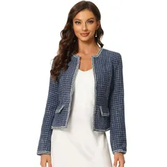 アレグラ ケー レディース アウター ジャケット・ブルゾン ツイード ブレザー ALLEGRA K Womens Plaid Tweed Open Front Office Short Blazer Dark Blue ブルー