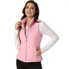 アレグラ ケー レディース アウター ジャケット・ブルゾン キルティング ベスト ジレ ALLEGRA K Womenstand Collar Lightweight Gilet Quilted Zip Vest Pink ピンク
