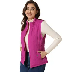 アレグラ ケー レディース アウター ジャケット・ブルゾン キルティング ベスト ジレ ALLEGRA K Womenstand Collar Lightweight Gilet Quilted Zip Vest Fuchsia フューシャ