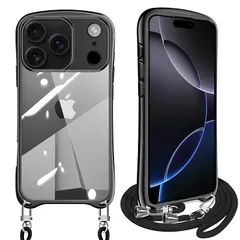 【新品】 iPhone 17 Pro 用の ケース ショルダー クリア いPhone17 プロ カバー スマホケース アイフォン17Pro 耐衝撃 透明 TPU ストラップ付き 肩掛け 首掛け 紐付き 斜めがけ メッキ加工 取り外し可能 長さ調整可能(ブラ 0