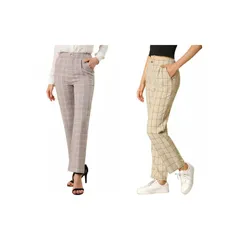 アレグラ ケー レディース ボトムス カジュアルパンツ ストレート ALLEGRA K 2 Packs Womens Plaid Elastic Waist Button Zipper Straight Leg Long Pants Khaki Camel カ