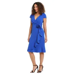 ロンドンタイムス レディース トップス ワンピース プチ フリル キャップ Petite London Timesurplice Neck Cap Sleeve Faux Wrap Cascade Ruffle Dress Cobalt コバルト
