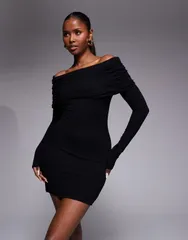 エイソス レディース トップス ワンピース ミニ ASOS DESIGN long sleeve deep off the shoulder mini dress Black ブラック