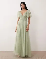 レース アンド ビーズ レディース トップス ワンピース チュール マキシ Lace Beads Bridesmaid tulle flutter sleeve shirred waist maxi dress in sage Green グリーン