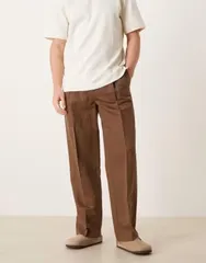 エイソス メンズ ボトムス カジュアルパンツ ワイドレッグ プリーツ リネン ASOS DESIGN pleated linen rich wide leg dress pants in dark brown ブラウン