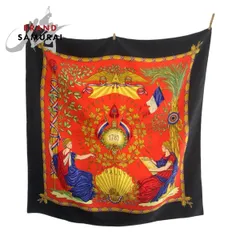 美品 HERMES エルメス カレ90 レッド ブラック シルク スカーフ レディース 506120【中古】