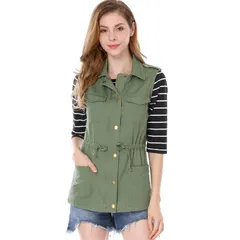アレグラ ケー レディース アウター ジャケット・ブルゾン ドローコードウエスト ベスト ノースリーブ ALLEGRA K Womensleeveless Zip Up Drawstring Waist Cargo Vest Jacket Green グリーン