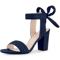 アレグラ ケー レディース シューズ パンプス アンクル ヒール ALLEGRA K Womens Open Toe Tie Back Ankle Strap Block Heels Navy Blue ネイビー