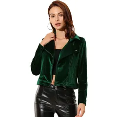 アレグラ ケー レディース アウター ジャケット・ブルゾン ベルベット クロップド ALLEGRA K Womens Velvet Notched Lapel Zipper Cropped Motorcycle Jacket Green グリーン