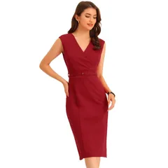 アレグラ ケー レディース トップス ワンピース Vネック ノースリーブ ALLEGRA K Pencil Dress for Womensleeveless Wrap V Neck Belted Office Dresses Red レッド