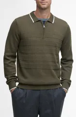 バブアー メンズ アウター パーカー・スウェット ポロシャツ ウール コットン Barbour Fenhill Cotton Wool Blend Long Sleeve Polo Mid Oliveのサムネイル