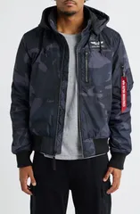 アルファインダストリーズ メンズ アウター ジャケット・ブルゾン Alpha Industries Hooded Rib Flight Jacket Black Woodland Camo ブラックのサムネイル