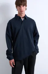 トップマン メンズ トップス ポロシャツ Topman Pinstripe Long Sleeve Polo Navy ネイビーのサムネイル